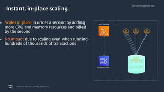 AWS DATA ROADSHOW 2023
© 2023, Amazon Web Services, Inc. or its affiliates. All rights reserved.
Instant, in-place scaling
• Scales in place in under a second by adding
more CPU and memory resources and billed
by the second
• No impact due to scaling even when running
hundreds of thousands of transactions
AWS Lambda
Amazon Aurora
 