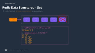 AWS DATA WEEK 2023
© 2023, Amazon Web Services, Inc. or its affiliates. All rights reserved.
Redis Data Structures – Set
value:
39
A collection of unique, unordered String values
Duplicate!
player
s
value:
1
value:
39
value:
27
value:
22
SADD players 1 39 27 22 39
>
(integer) 4
SSCAN players 0 MATCH *
>
1) "0"
2) 1) "1"
2) "22"
3) "27"
4) "39"
 