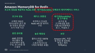 AWS DATA WEEK 2023
© 2023, Amazon Web Services, Inc. or its affiliates. All rights reserved. 8
Amazon MemoryDB for Redis
초고속 성능을 제공하는 Redis 호환, 내구성(durable), 인메모리 데이터베이스 서비스
내구성(Durability)
및 고가용성
내구성 및
고가용성을 위한
다중 AZ 트랜잭션
로그 , 저널로그
레디스 호환성
유연하고 친숙한
Redis API 및 데이터
구조
완전 관리형
AWS 관리형
하드웨어 및
소프트웨어 설정,
구성, 모니터링 및
스냅샷
높은 확장성
클러스터당 100TB
이상의
스토리지(샤드당
1개의 복제본 포함)
초고속 성능
수백만 TPS의
마이크로초 읽기 및
한 자릿수 밀리초
쓰기 지연 시간
보안
Amazon VPC, 저장
및 전송 중 암호화,
액세스 제어
목록(ACL)
 