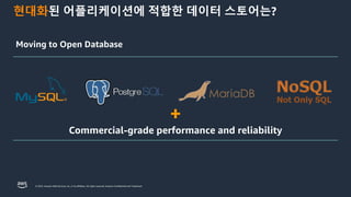 © 2023, Amazon Web Services, Inc. or its affiliates. All rights reserved. Amazon Confidential and Trademark.
현대화된 어플리케이션에 적합한 데이터 스토어는?
Moving to Open Database
+
Commercial-grade performance and reliability
 
