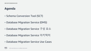 AWS DATA ROADSHOW 2023
© 2023, Amazon Web Services, Inc. or its affiliates. All rights reserved.
Agenda
• Schema Conversion Tool (SCT)
• Database Migration Service (DMS)
• Database Migration Service 구성 요소
• Database Migration Service 아키텍처
• Database Migration Service Use Cases
 