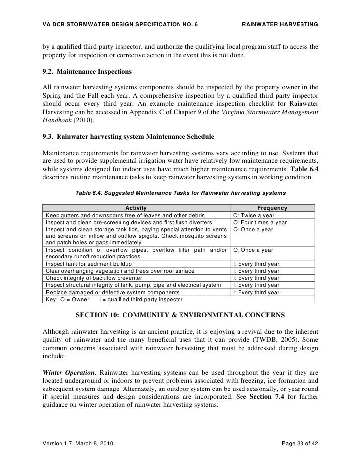 Rainwater Harvesting: DCR Stormwater Design Specification - Virgina