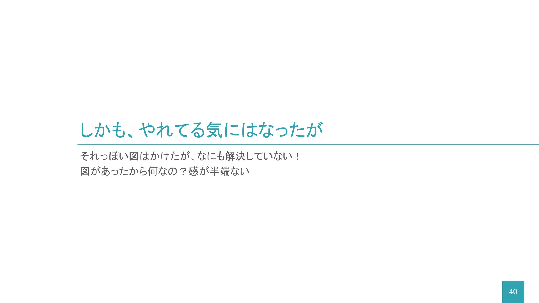 しかも、やれてる気にはなったが
40
それっぽい図はかけたが、なにも解決していない！
図があったから何なの？感が半端ない
 