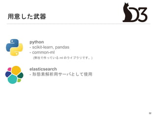 用意した武器
• python
- scikit-learn, pandas
- common-ml
(弊社で作っている ml のライブラリです。)
• elasticsearch
- 形態素解析用サーバとして使用
32
 