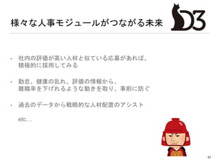様々な人事モジュールがつながる未来
• 社内の評価が高い人材と似ている応募があれば、
積極的に採用してみる
• 勤怠、健康の乱れ、評価の情報から、
離職率を下げれるような動きを取り、事前に防ぐ
• 過去のデータから戦略的な人材配置のアシスト
etc…
57
 