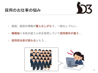 採用のお仕事の悩み
• 面接、面談の情報が属人化しがちで、一般化しづらい…
• 職種毎に毛色の違う人材を採用していて採用要件が違う…
• 採用担当者が変わるともう…
8
 