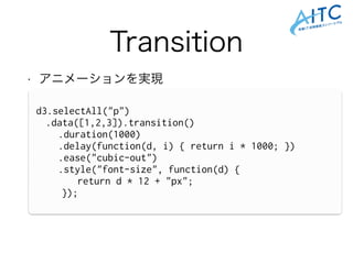 Transition
• アニメーションを実現
!
!
!
!
d3.selectAll("p")
.data([1,2,3]).transition()
.duration(1000)
.delay(function(d, i) { return i * 1000; })
.ease("cubic-out")
.style("font-size", function(d) {
return d * 12 + "px";
});
 