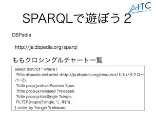 SPARQLで遊ぼう２
select distinct * where {
?title dbpedia-owl:artist <http://ja.dbpedia.org/resource/ももいろクロー
バーZ>.
?title prop-ja:chartPosition ?pos.
?title prop-ja:released ?released.
?title prop-ja:thisSingle ?single.
FILTER(regex(?single, "(...年)")) .
} order by ?single ?released
DBPedia
http://ja.dbpedia.org/sparql
ももクロシングルチャート一覧
 