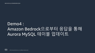 © 2024, Amazon Web Services, Inc. or its affiliates. All rights reserved.
AWS DATA & AI ROADSHOW 2024
Demo4 :
Amazon Bedrock으로부터 응답을 통해
Aurora MySQL 테이블 업데이트
 