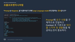 © 2024, Amazon Web Services, Inc. or its affiliates. All rights reserved.
AWS DATA & AI ROADSHOW 2024
AWS DATA & AI ROADSHOW 2024
프롬프트엔지니어링
“Prompt는 Response 을 이끌어내기 위해 Large Language model에 전달하는 정보입니다”
Prompt에 요구 사항을 구
체적으로 전달하고
Context 로 기본으로 테이
블 스키마 및 샘플등을 제
공하는것이 중요하다
 