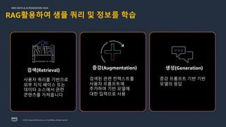 © 2024, Amazon Web Services, Inc. or its affiliates. All rights reserved.
AWS DATA & AI ROADSHOW 2024
RAG활용하여 샘플 쿼리 및 정보를 학습
검색(Retrieval)
검색된 관련 컨텍스트를
사용자 프롬프트에
추가하여 기반 모델에
대한 입력으로 사용
증강(Augmentation) 생성(Generation)
증강 프롬프트 기반 기반
모델의 응답
사용자 쿼리를 기반으로
외부 지식 베이스 또는
데이터 소스에서 관련
콘텐츠를 가져옵니다
 