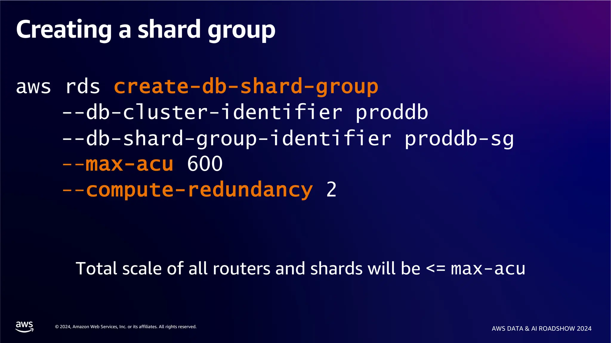 © 2024, Amazon Web Services, Inc. or its affiliates. All rights reserved.
AWS DATA & AI ROADSHOW 2024
Creating a shard group
aws rds create-db-shard-group
--db-cluster-identifier proddb
--db-shard-group-identifier proddb-sg
--max-acu 600
--compute-redundancy 2
Total scale of all routers and shards will be <= max-acu
 