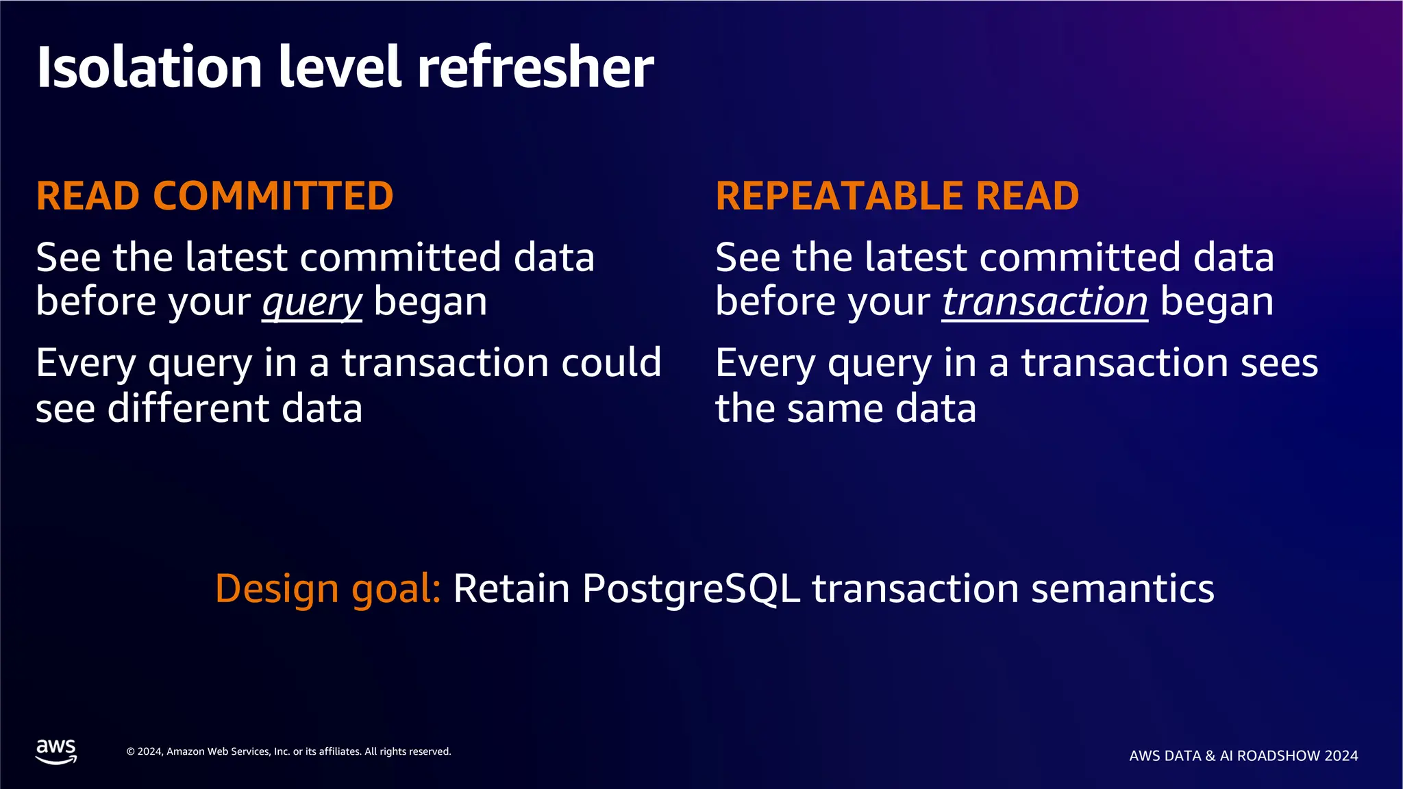 © 2024, Amazon Web Services, Inc. or its affiliates. All rights reserved.
AWS DATA & AI ROADSHOW 2024
Isolation level refresher
READ COMMITTED
See the latest committed data
before your query began
Every query in a transaction could
see different data
REPEATABLE READ
See the latest committed data
before your transaction began
Every query in a transaction sees
the same data
Design goal: Retain PostgreSQL transaction semantics
 