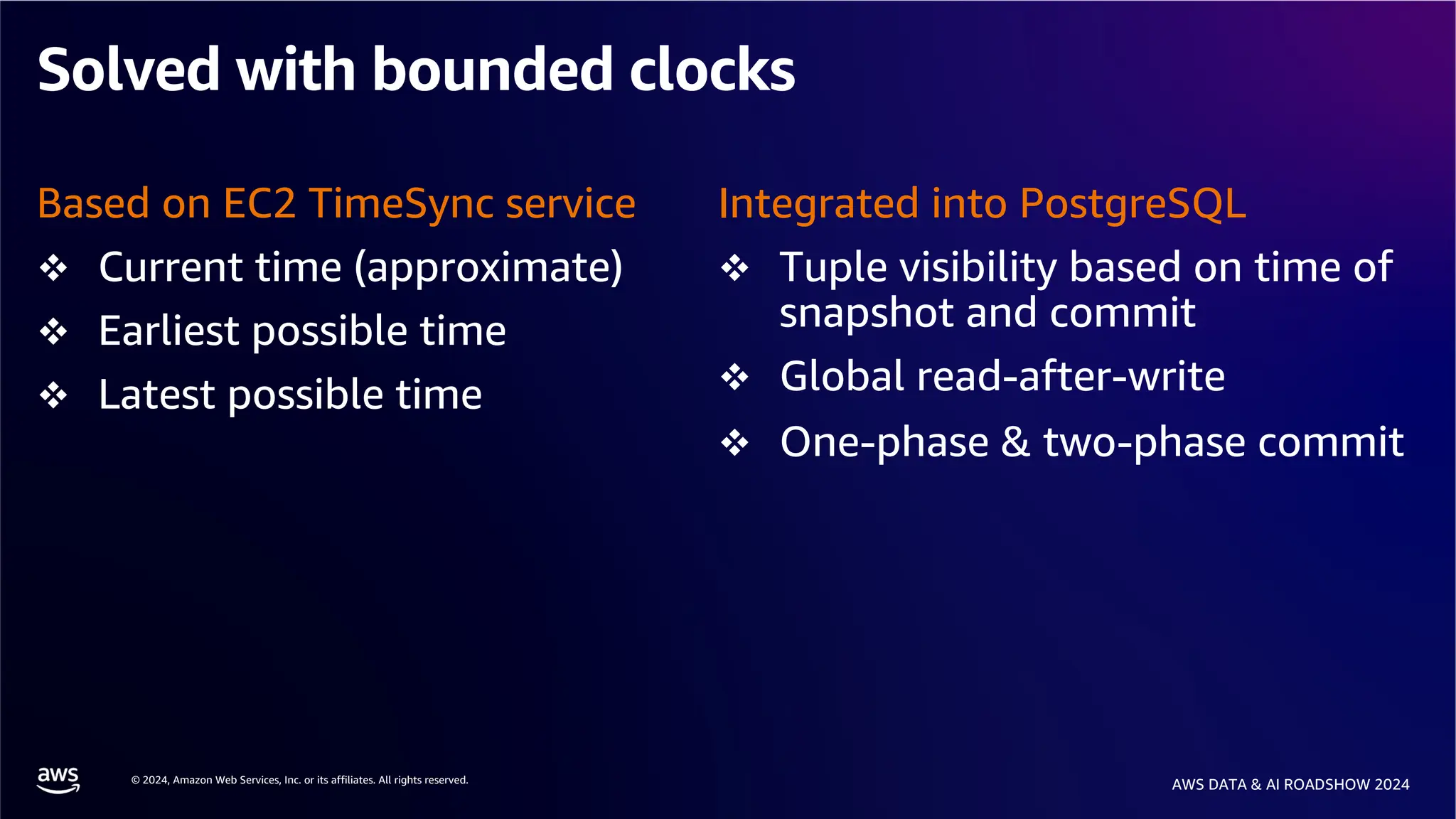 © 2024, Amazon Web Services, Inc. or its affiliates. All rights reserved.
AWS DATA & AI ROADSHOW 2024
Solved with bounded clocks
Based on EC2 TimeSync service
v Current time (approximate)
v Earliest possible time
v Latest possible time
Integrated into PostgreSQL
v Tuple visibility based on time of
snapshot and commit
v Global read-after-write
v One-phase & two-phase commit
 