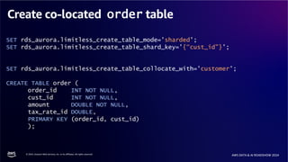 © 2024, Amazon Web Services, Inc. or its affiliates. All rights reserved.
AWS DATA & AI ROADSHOW 2024
Create co-located order table
SET rds_aurora.limitless_create_table_mode='sharded';
SET rds_aurora.limitless_create_table_shard_key='{“cust_id"}';
SET rds_aurora.limitless_create_table_collocate_with='customer';
CREATE TABLE order (
order_id INT NOT NULL,
cust_id INT NOT NULL,
amount DOUBLE NOT NULL,
tax_rate_id DOUBLE,
PRIMARY KEY (order_id, cust_id)
);
 