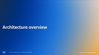 © 2024, Amazon Web Services, Inc. or its affiliates. All rights reserved.
AWS DATA & AI ROADSHOW 2024
© 2024, Amazon Web Services, Inc. or its affiliates. All rights reserved.
AWS DATA & AI ROADSHOW 2024
Architecture overview
 