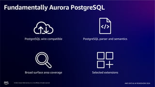 © 2024, Amazon Web Services, Inc. or its affiliates. All rights reserved.
AWS DATA & AI ROADSHOW 2024
Fundamentally Aurora PostgreSQL
PostgreSQL parser and semantics
Broad surface area coverage Selected extensions
PostgreSQL wire compatible
 
