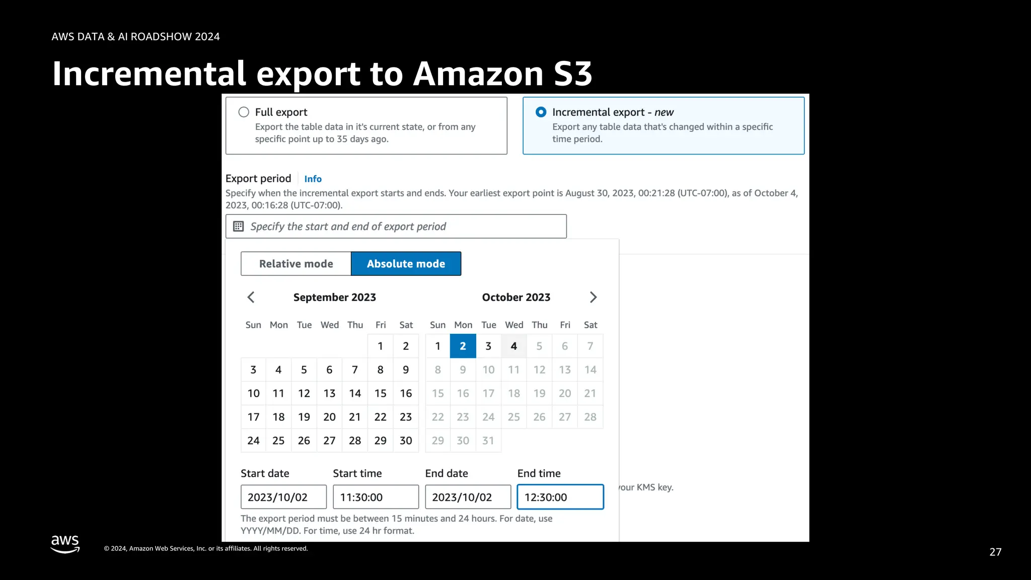 © 2024, Amazon Web Services, Inc. or its affiliates. All rights reserved.
AWS DATA & AI ROADSHOW 2024
Incremental export to Amazon S3
27
 
