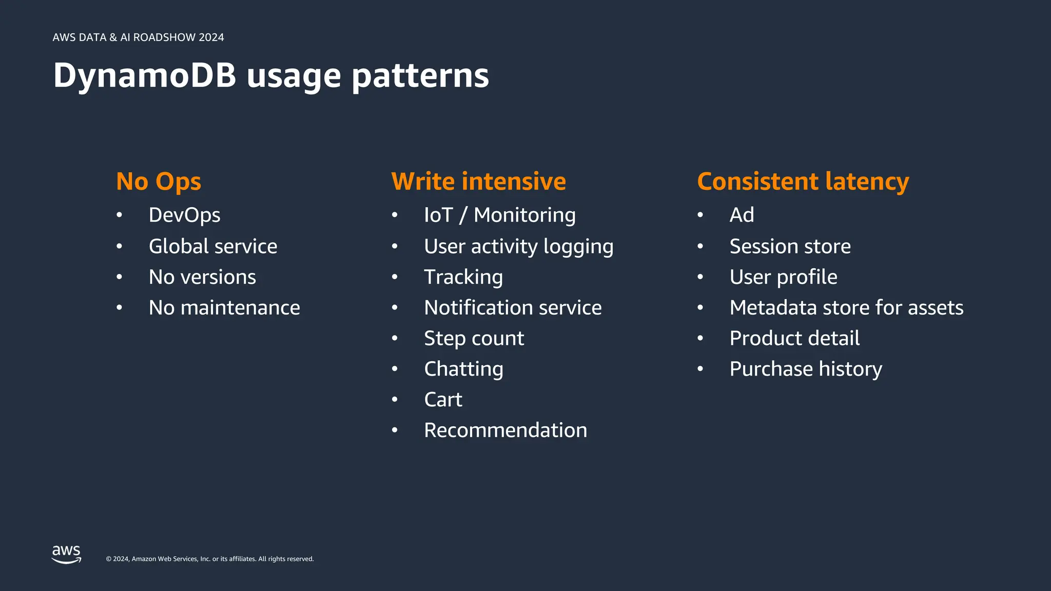 © 2024, Amazon Web Services, Inc. or its affiliates. All rights reserved.
AWS DATA & AI ROADSHOW 2024
Write intensive
• IoT / Monitoring
• User activity logging
• Tracking
• Notification service
• Step count
• Chatting
• Cart
• Recommendation
Consistent latency
• Ad
• Session store
• User profile
• Metadata store for assets
• Product detail
• Purchase history
No Ops
• DevOps
• Global service
• No versions
• No maintenance
DynamoDB usage patterns
 