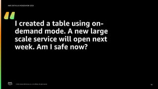 © 2024, Amazon Web Services, Inc. or its affiliates. All rights reserved.
AWS DATA & AI ROADSHOW 2024
I created a table using on-
demand mode. A new large
scale service will open next
week. Am I safe now?
18
 