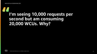 © 2024, Amazon Web Services, Inc. or its affiliates. All rights reserved.
AWS DATA & AI ROADSHOW 2024
I’m seeing 10,000 requests per
second but am consuming
20,000 WCUs. Why?
4
 