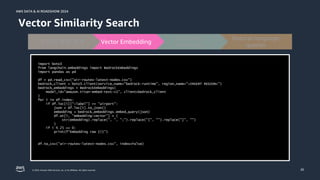 © 2024, Amazon Web Services, Inc. or its affiliates. All rights reserved.
AWS DATA & AI ROADSHOW 2024
AWS DATA & AI ROADSHOW 2024
20
Vector Similarity Search
Natural language
queries
VSS and
traversals
Vector Embedding
공항과 항로 검색
import boto3
from langchain.embeddings import BedrockEmbeddings
import pandas as pd
df = pd.read_csv("air-routes-latest-nodes.csv")
bedrock_client = boto3.client(service_name="bedrock-runtime", region_name="<INSERT REGION>")
bedrock_embeddings = BedrockEmbeddings(
model_id="amazon.titan-embed-text-v1", client=bedrock_client
)
for i in df.index:
if df.loc[i]["~label"] == "airport":
json = df.loc[i].to_json()
embedding = bedrock_embeddings.embed_query(json)
df.at[i, "embedding:vector"] = (
str(embedding).replace(", ", ";").replace("[", "").replace("]", "")
)
if i % 25 == 0:
print(f"Embedding row {i}")
df.to_csv("air-routes-latest-nodes.csv", index=False)
 