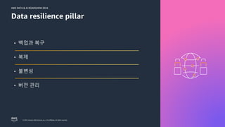 © 2024, Amazon Web Services, Inc. or its affiliates. All rights reserved.
AWS DATA & AI ROADSHOW 2024
AWS DATA & AI ROADSHOW 2024
Data resilience pillar
• 백업과 복구
• 복제
• 불변성
• 버젼 관리
 