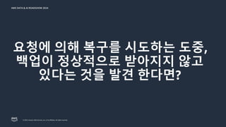 © 2024, Amazon Web Services, Inc. or its affiliates. All rights reserved.
AWS DATA & AI ROADSHOW 2024
AWS DATA & AI ROADSHOW 2024
요청에 의해 복구를 시도하는 도중,
백업이 정상적으로 받아지지 않고
있다는 것을 발견 한다면?
 