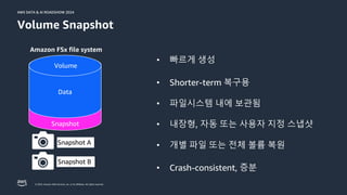 © 2024, Amazon Web Services, Inc. or its affiliates. All rights reserved.
AWS DATA & AI ROADSHOW 2024
AWS DATA & AI ROADSHOW 2024
Volume Snapshot
Data
Snapshot
Amazon FSx file system
Snapshot A
Snapshot B
Volume
• 빠르게 생성
• Shorter-term 복구용
• 파일시스템 내에 보관됨
• 내장형, 자동 또는 사용자 지정 스냅샷
• 개별 파일 또는 전체 볼륨 복원
• Crash-consistent, 증분
 