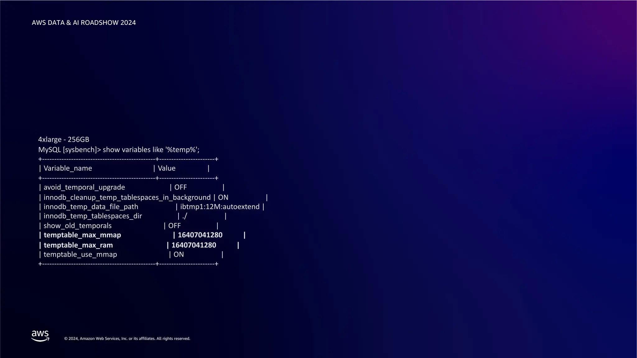 © 2024, Amazon Web Services, Inc. or its affiliates. All rights reserved.
AWS DATA & AI ROADSHOW 2024
4xlarge - 256GB
MySQL [sysbench]> show variables like '%temp%';
+-----------------------------------------------+-----------------------+
| Variable_name | Value |
+-----------------------------------------------+-----------------------+
| avoid_temporal_upgrade | OFF |
| innodb_cleanup_temp_tablespaces_in_background | ON |
| innodb_temp_data_file_path | ibtmp1:12M:autoextend |
| innodb_temp_tablespaces_dir | ./ |
| show_old_temporals | OFF |
| temptable_max_mmap | 16407041280 |
| temptable_max_ram | 16407041280 |
| temptable_use_mmap | ON |
+-----------------------------------------------+-----------------------+
 