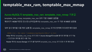 © 2024, Amazon Web Services, Inc. or its affiliates. All rights reserved.
temptable_max_ram, temptable_max_mmap
Aurora MySQL의 temptable_max_ram, temptable_max_mmap 기본값
temptable_max_mmap, temptable_max_ram 모두 기본 1GiB로 설정됨
메모리가 16GiB 미만인 인스턴스(T타입)에서는 temptable_max_ram 가 기본 16 MiB로 설정됨
내부 임시 테이블 사용 쿼리 실행 중, temptable_max_mmap 크기의 한계에 다다르면 에러 발생
Writer 에서는 temptable_max_mmap 크기 초과 시 Aurora Storage에 InnoDB 형식의 테이블 쓰기 가능
→ 더 큰 임시 테이블 공간 사용 가능
Reader 에서는 Aurora Storage 쓰기가 불가능하여 temptable_max_mmap 크기 초과 시 위 에러 발생
11
ERROR 1114 : The table '/rdsdbdata/tmp/#sqlfd_1586_2' is full
 