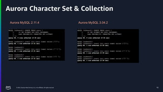 © 2024, Amazon Web Services, Inc. or its affiliates. All rights reserved. 15
Aurora Character Set & Collection
Aurora MySQL 2.11.4 Aurora MySQL 3.04.2
 