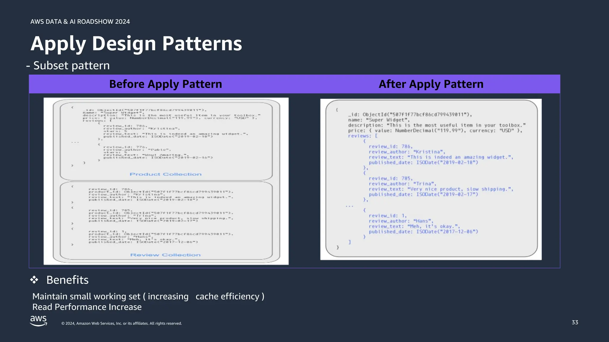 © 2024, Amazon Web Services, Inc. or its affiliates. All rights reserved.
AWS DATA & AI ROADSHOW 2024
AWS DATA & AI ROADSHOW 2024
33
Apply Design Patterns
- Subset pattern
Before Apply Pattern After Apply Pattern
v Benefits
Maintain small working set ( increasing cache efficiency )
Read Performance Increase
 