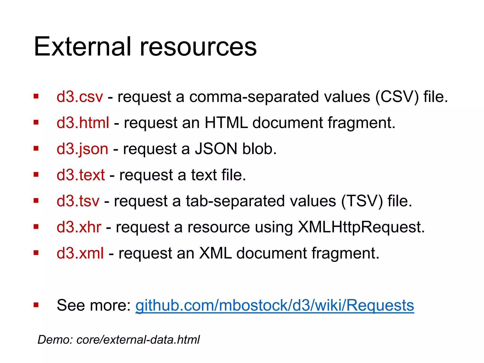 External resources
 d3.csv - request a comma-separated values (CSV) file.
 d3.html - request an HTML document fragment.
 d3.json - request a JSON blob.
 d3.text - request a text file.
 d3.tsv - request a tab-separated values (TSV) file.
 d3.xhr - request a resource using XMLHttpRequest.
 d3.xml - request an XML document fragment.
 See more: github.com/mbostock/d3/wiki/Requests
Demo: core/external-data.html
 