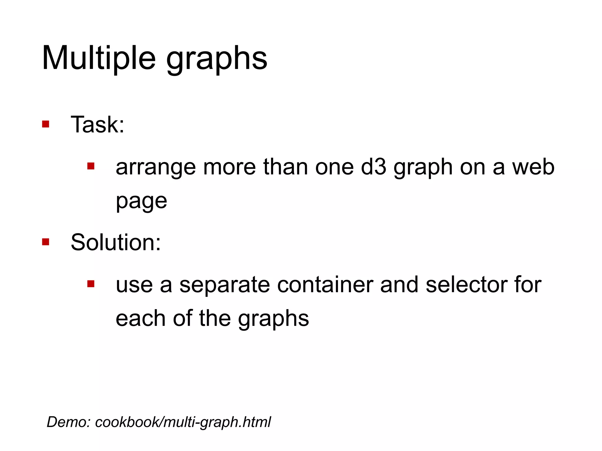Multiple graphs
 Task:
 arrange more than one d3 graph on a web
page
 Solution:
 use a separate container and selector for
each of the graphs
Demo: cookbook/multi-graph.html
 