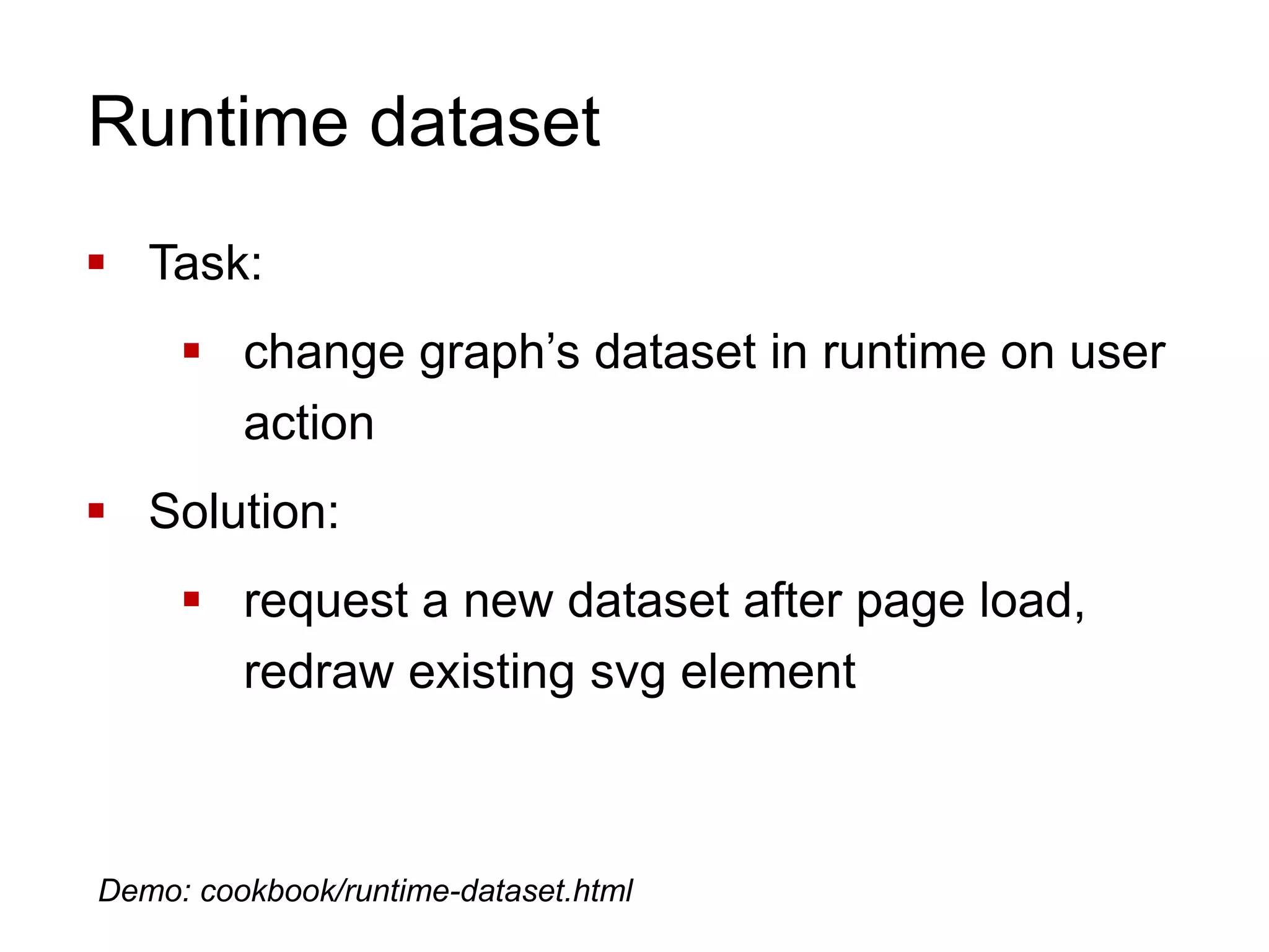 Runtime dataset
 Task:
 change graph’s dataset in runtime on user
action
 Solution:
 request a new dataset after page load,
redraw existing svg element
Demo: cookbook/runtime-dataset.html
 