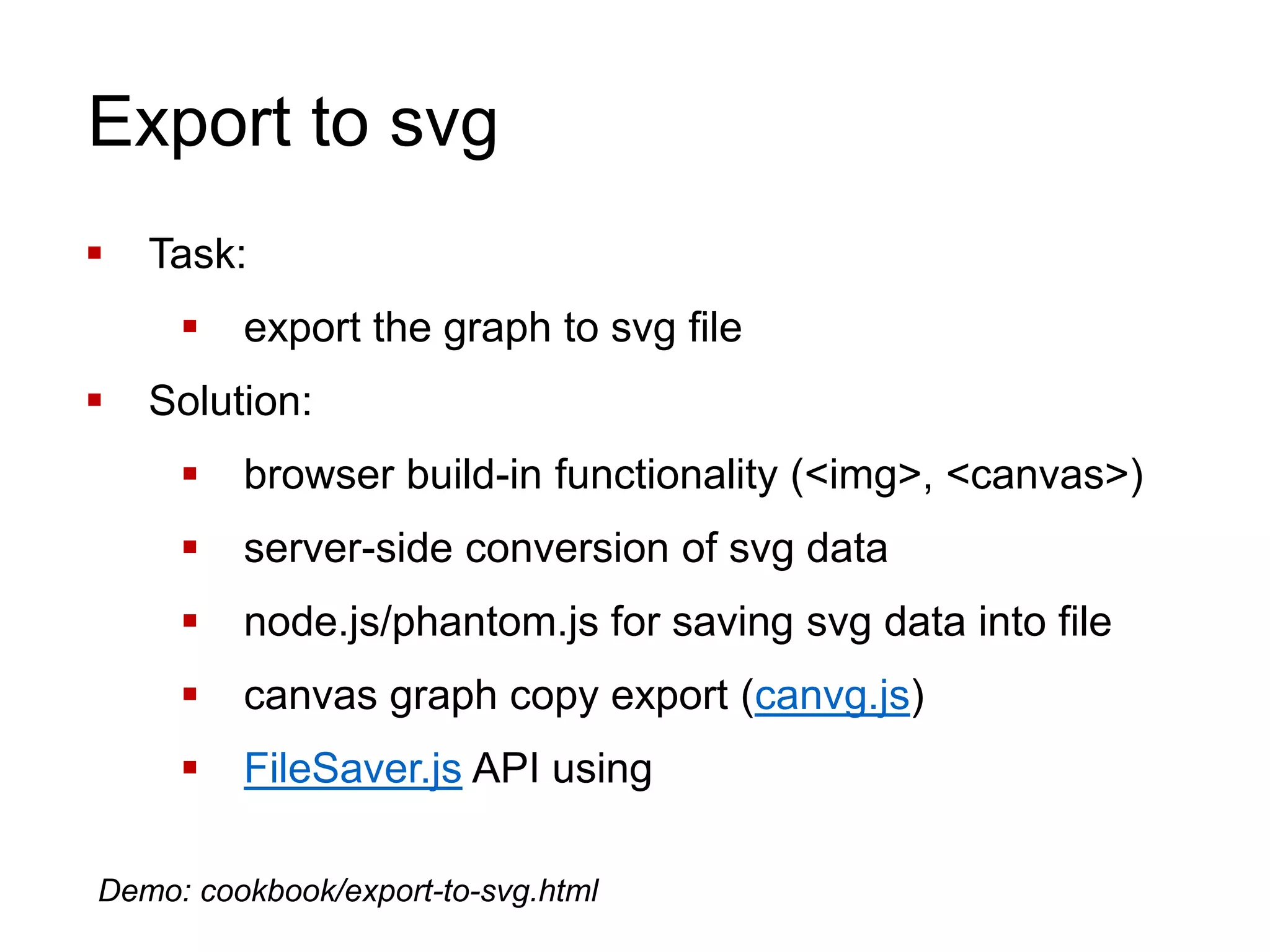Export to svg
 Task:
 export the graph to svg file
 Solution:
 browser build-in functionality (<img>, <canvas>)
 server-side conversion of svg data
 node.js/phantom.js for saving svg data into file
 canvas graph copy export (canvg.js)
 FileSaver.js API using
Demo: cookbook/export-to-svg.html
 