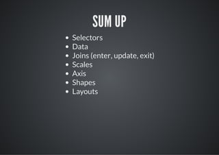 SUM UP
Selectors
Data
Joins (enter, update, exit)
Scales
Axis
Shapes
Layouts
 