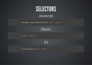 SELECTORS
           Javascript
dcmn.urSlcoAl"r,cd"
 ouetqeyeetrl(pe oe)



            jQuery
$'r,cd'
 (pe oe)



              D3
d.eetl(pe cd"
 3slcAl"r, oe)
 