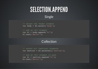 SELECTION.APPEND
           Single
/ slc te<oy eeet
 / eet h bd> lmn
vrbd =d.eet"oy)
 a oy   3slc(bd";

/ ada <1 eeet
 / d n h> lmn
vrh =bd.ped"1)
 a 1  oyapn(h";
h.et"el!)
 1tx(Hlo";



         Collection
/ slc al<eto>eeet
 / eet l scin lmns
vrscin=d.eetl(scin)
 a eto   3slcAl"eto";

/ ada <1 eeett ec
 / d n h> lmn o ah
vrh =scinapn(h";
 a 1  eto.ped"1)
h.et"el!)
 1tx(Hlo";
 