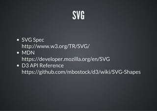 SVG
SVG Spec
http://www.w3.org/TR/SVG/
MDN
https://developer.mozilla.org/en/SVG
D3 API Reference
https://github.com/mbostock/d3/wiki/SVG-Shapes
 