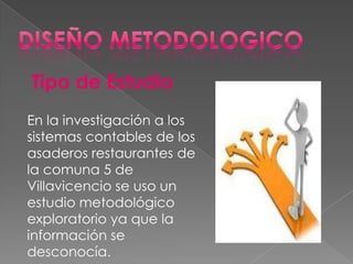 Tipo de Estudio
En la investigación a los
sistemas contables de los
asaderos restaurantes de
la comuna 5 de
Villavicencio se uso un
estudio metodológico
exploratorio ya que la
información se
desconocía.
 