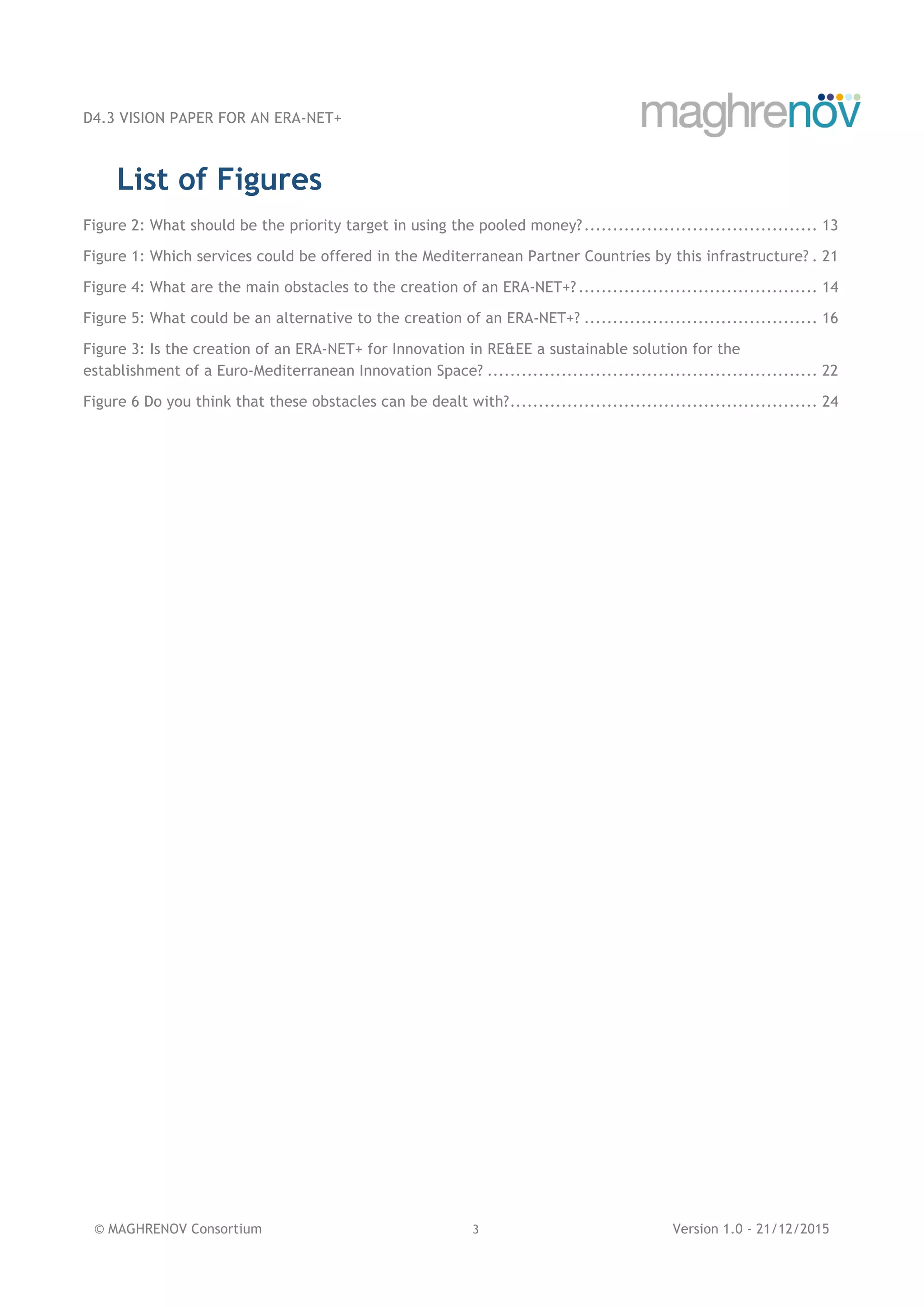 D4.3 VISION PAPER FOR AN ERA-NET+
© MAGHRENOV Consortium 3 Version 1.0 - 21/12/2015
List of Figures
Figure 2: What should be the priority target in using the pooled money?......................................... 13
Figure 1: Which services could be offered in the Mediterranean Partner Countries by this infrastructure? . 21
Figure 4: What are the main obstacles to the creation of an ERA-NET+?.......................................... 14
Figure 5: What could be an alternative to the creation of an ERA-NET+? ......................................... 16
Figure 3: Is the creation of an ERA-NET+ for Innovation in RE&EE a sustainable solution for the
establishment of a Euro-Mediterranean Innovation Space? .......................................................... 22
Figure 6 Do you think that these obstacles can be dealt with?...................................................... 24
 