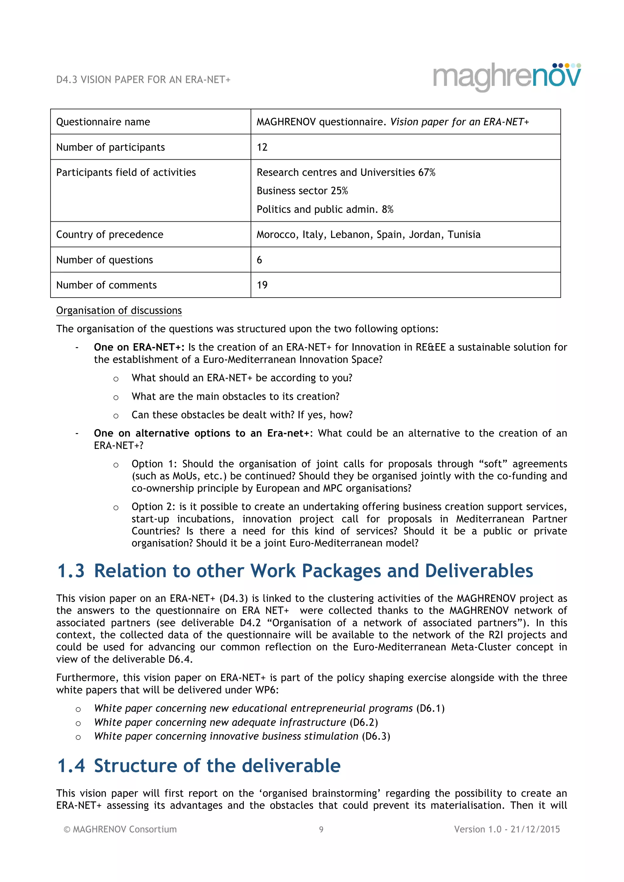 D4.3 VISION PAPER FOR AN ERA-NET+
© MAGHRENOV Consortium 9 Version 1.0 - 21/12/2015
Questionnaire name MAGHRENOV questionnaire. Vision paper for an ERA-NET+
Number of participants 12
Participants field of activities Research centres and Universities 67%
Business sector 25%
Politics and public admin. 8%
Country of precedence Morocco, Italy, Lebanon, Spain, Jordan, Tunisia
Number of questions 6
Number of comments 19
Organisation of discussions
The organisation of the questions was structured upon the two following options:
- One on ERA-NET+: Is the creation of an ERA-NET+ for Innovation in RE&EE a sustainable solution for
the establishment of a Euro-Mediterranean Innovation Space?
o What should an ERA-NET+ be according to you?
o What are the main obstacles to its creation?
o Can these obstacles be dealt with? If yes, how?
- One on alternative options to an Era-net+: What could be an alternative to the creation of an
ERA-NET+?
o Option 1: Should the organisation of joint calls for proposals through “soft” agreements
(such as MoUs, etc.) be continued? Should they be organised jointly with the co-funding and
co-ownership principle by European and MPC organisations?
o Option 2: is it possible to create an undertaking offering business creation support services,
start-up incubations, innovation project call for proposals in Mediterranean Partner
Countries? Is there a need for this kind of services? Should it be a public or private
organisation? Should it be a joint Euro-Mediterranean model?
1.3 Relation to other Work Packages and Deliverables
This vision paper on an ERA-NET+ (D4.3) is linked to the clustering activities of the MAGHRENOV project as
the answers to the questionnaire on ERA NET+ were collected thanks to the MAGHRENOV network of
associated partners (see deliverable D4.2 “Organisation of a network of associated partners”). In this
context, the collected data of the questionnaire will be available to the network of the R2I projects and
could be used for advancing our common reflection on the Euro-Mediterranean Meta-Cluster concept in
view of the deliverable D6.4.
Furthermore, this vision paper on ERA-NET+ is part of the policy shaping exercise alongside with the three
white papers that will be delivered under WP6:
o White paper concerning new educational entrepreneurial programs (D6.1)
o White paper concerning new adequate infrastructure (D6.2)
o White paper concerning innovative business stimulation (D6.3)
1.4 Structure of the deliverable
This vision paper will first report on the ‘organised brainstorming’ regarding the possibility to create an
ERA-NET+ assessing its advantages and the obstacles that could prevent its materialisation. Then it will
 