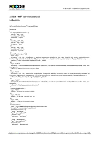 D4.3.2 Event based notification services
http://www.foodie-project.eu Copyright © FOODIE Project Consortium. All Rights Reserved. Grant Agreement No.: 621074 Page:24 / 39
Annex B – REST operations examples
B.1 Capabilities
GET /notification-broker/v1.0/capabilities
Response:
{
"isoLanguageCodeDescriptors" : [ {
"iso639_1_code" : "EN",
"iso639_2_code" : "ENG",
"longName" : "English"
}, {
"iso639_1_code" : "CS",
"iso639_2_code" : "CES",
"longName" : "Czech"
}, {
"iso639_1_code" : "ES",
"iso639_2_code" : "SPA",
"longName" : "Spanish"
} ],
"geocodeTypeDescriptors" : [ {
"type" : "ISO2",
"description" : "ISO 3166-1 alpha-2 codes are two-letter country codes defined in ISO 3166-1, part of the ISO 3166 standard published by the In-
ternational Organization for Standardization (ISO), to represent countries, dependent territories, and special areas of geographical interest.",
"reference" : "https://en.wikipedia.org/wiki/ISO_3166-1_alpha-2"
}, {
"type" : "HASC2",
"description" : "Hierarchical administrative subdivision codes (HASC) are codes to represent names of country subdivisions, such as states, prov-
ince, regions.",
"reference" : "http://www.statoids.com/ihasc.html"
}, {
"type" : "ISO3",
"description" : "ISO 3166-1 alpha-3 codes are three-letter country codes defined in ISO 3166-1, part of the ISO 3166 standard published by the
International Organization for Standardization (ISO), to represent countries, dependent territories, and special areas of geographical interest.",
"reference" : "https://en.wikipedia.org/wiki/ISO_3166-1_alpha-3"
}, {
"type" : "HASC1",
"description" : "Hierarchical administrative subdivision codes (HASC) are codes to represent names of country subdivisions, such as states, prov-
ince, regions.",
"reference" : "http://www.statoids.com/ihasc.html"
} ],
"channelTypeDescriptors" : [ {
"type" : "SMS",
"pattern" : "^+(?:[0-9]x20?){6,14}[0-9]$"
}, {
"type" : "EMAIL",
"pattern" : "[a-zA-Z0-9._-]+@[a-zA-Z0-9._-]+"
}, {
"type" : "FAX",
"pattern" : "^+(?:[0-9]x20?){6,14}[0-9]$"
} ],
"topicDescriptors" : [ {
"name" : "http://www.foodie-project.eu/topic/meteorological-alert",
"description" : "meteorological related alerts",
"parameterDescriptors" : [ {
"name" : "windSpeed",
"type" : "java.lang.Double",
"required" : false,
"description" : "wind-speed"
}, {
"name" : "windDirection",
"type" : "java.lang.Double",
"required" : false,
"description" : "wind-direction"
 