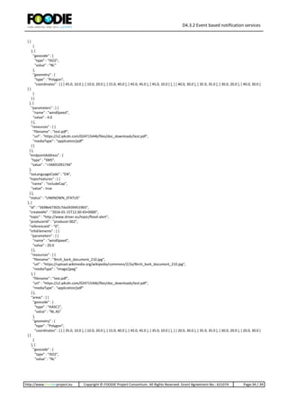 D4.3.2 Event based notification services
http://www.foodie-project.eu Copyright © FOODIE Project Consortium. All Rights Reserved. Grant Agreement No.: 621074 Page:34 / 39
] ]
}
}, {
"geocode" : {
"type" : "ISO2",
"value" : "NL"
},
"geometry" : {
"type" : "Polygon",
"coordinates" : [ [ [ 45.0, 10.0 ], [ 10.0, 20.0 ], [ 15.0, 40.0 ], [ 45.0, 45.0 ], [ 45.0, 10.0 ] ], [ [ 40.0, 30.0 ], [ 35.0, 35.0 ], [ 30.0, 20.0 ], [ 40.0, 30.0 ]
] ]
}
} ]
}, {
"parameters" : [ {
"name" : "windSpeed",
"value" : 4.0
} ],
"resources" : [ {
"filename" : "test.pdf",
"url" : "https://s2.q4cdn.com/024715446/files/doc_downloads/test.pdf",
"mediaType" : "application/pdf"
} ]
} ],
"endpointAddress" : {
"type" : "SMS",
"value" : "+34691091744"
},
"isoLanguageCode" : "EN",
"topicFeatures" : [ {
"name" : "includeCap",
"value" : true
} ],
"status" : "UNKNOWN_STATUS"
}, {
"id" : "5698e67302c7da34394519b5",
"createdAt" : "2016-01-15T12:30:43+0000",
"topic" : "http://www.driver.eu/topic/flood-alert",
"producerId" : "producer:002",
"referenceId" : "0",
"infoElements" : [ {
"parameters" : [ {
"name" : "windSpeed",
"value" : 20.0
} ],
"resources" : [ {
"filename" : "Birch_bark_document_210.jpg",
"url" : "https://upload.wikimedia.org/wikipedia/commons/2/2a/Birch_bark_document_210.jpg",
"mediaType" : "image/jpeg"
}, {
"filename" : "test.pdf",
"url" : "https://s2.q4cdn.com/024715446/files/doc_downloads/test.pdf",
"mediaType" : "application/pdf"
} ],
"areas" : [ {
"geocode" : {
"type" : "HASC1",
"value" : "NL.AS"
},
"geometry" : {
"type" : "Polygon",
"coordinates" : [ [ [ 35.0, 10.0 ], [ 10.0, 20.0 ], [ 15.0, 40.0 ], [ 45.0, 45.0 ], [ 35.0, 10.0 ] ], [ [ 20.0, 30.0 ], [ 35.0, 35.0 ], [ 30.0, 20.0 ], [ 20.0, 30.0 ]
] ]
}
}, {
"geocode" : {
"type" : "ISO2",
"value" : "NL"
 