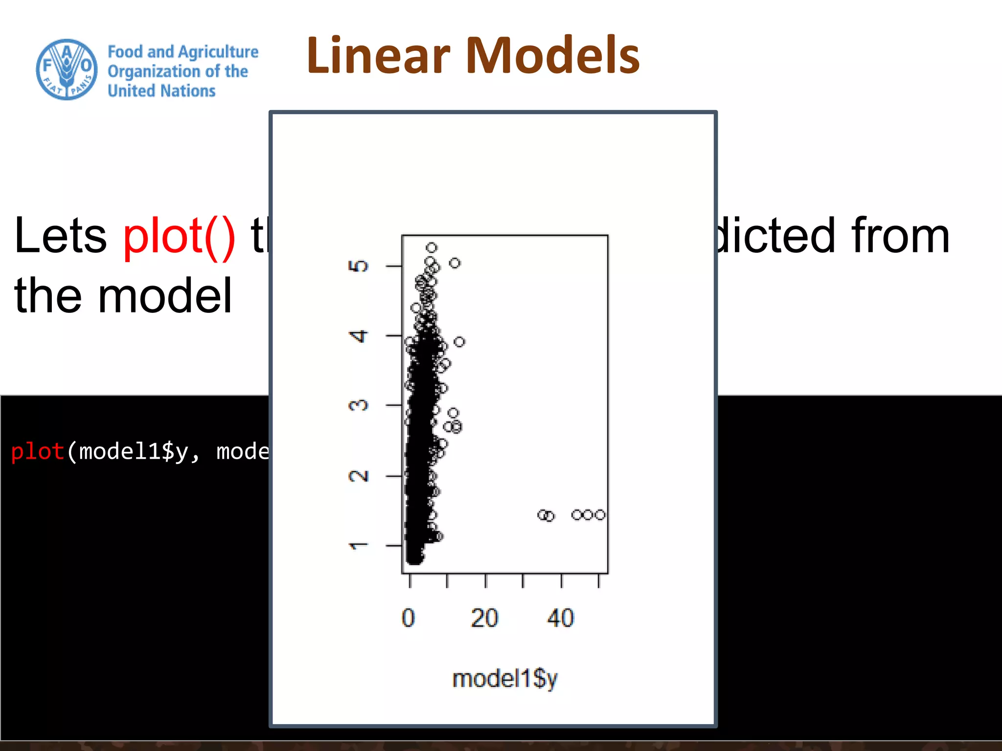 Linear Models
plot(model1$y, model1$fitted.values)
Lets plot() the observed vs. predicted from
the model
 