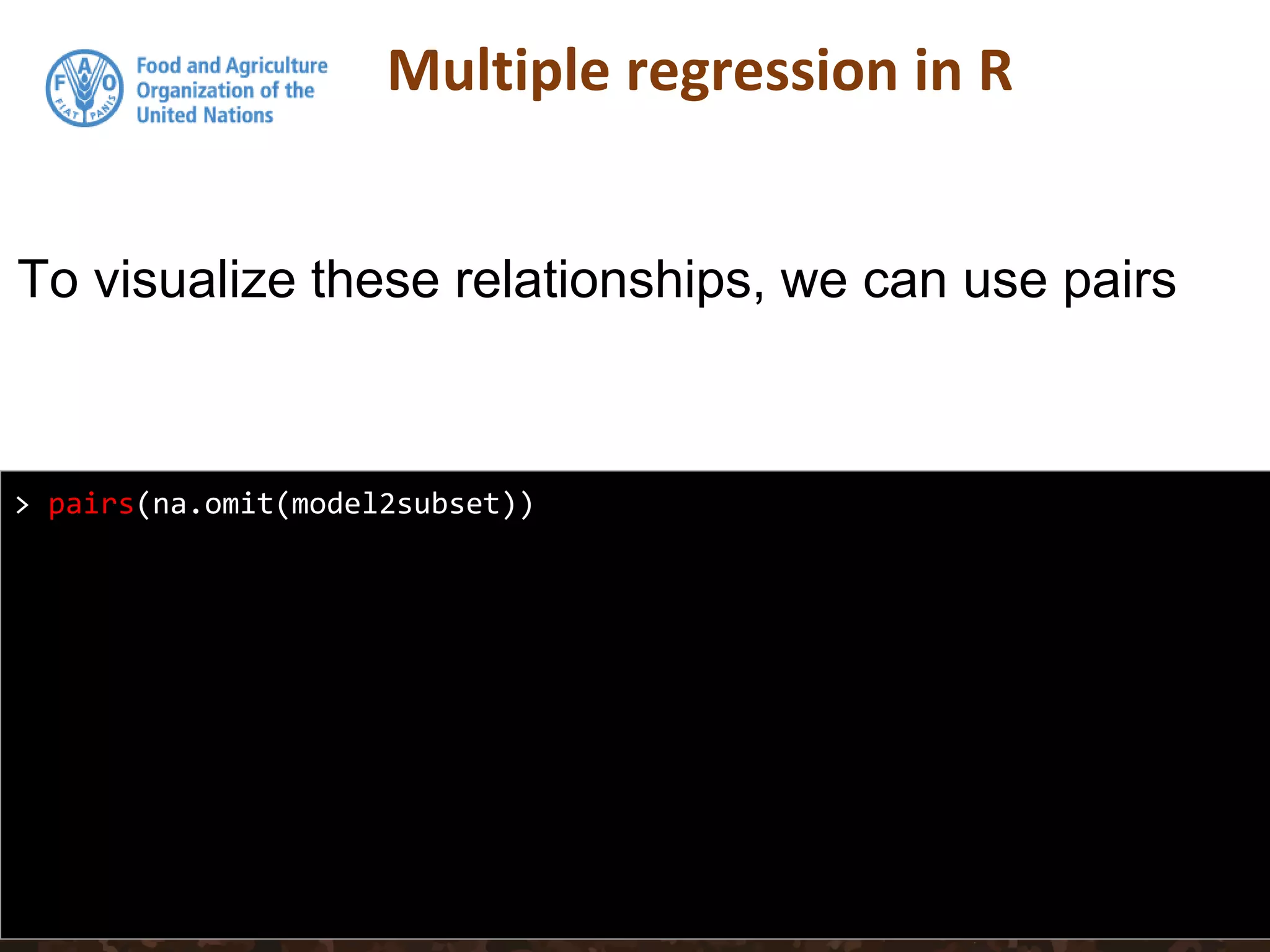 Multiple regression in R
> pairs(na.omit(model2subset))
To visualize these relationships, we can use pairs
 
