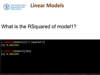 Linear Models
> summary(model1)[["r.squared"]]
[1] 0.1063245
> summary(model1)[[8]]
[1] 0.1063245
What is the RSquared of model1?
 