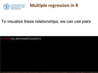 Multiple regression in R
> pairs(na.omit(model2subset))
To visualize these relationships, we can use pairs
 